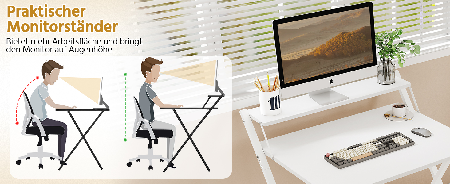 Складний стіл Yaheetech 80 см для комп'ютера з полицею, двоступінчастий робочий стіл з підставкою для монітора, стіл для ноутбука для дому/невеликих кімнат/вітальні, білий, 80 см x 50 см, 86.5x60.5x90 см