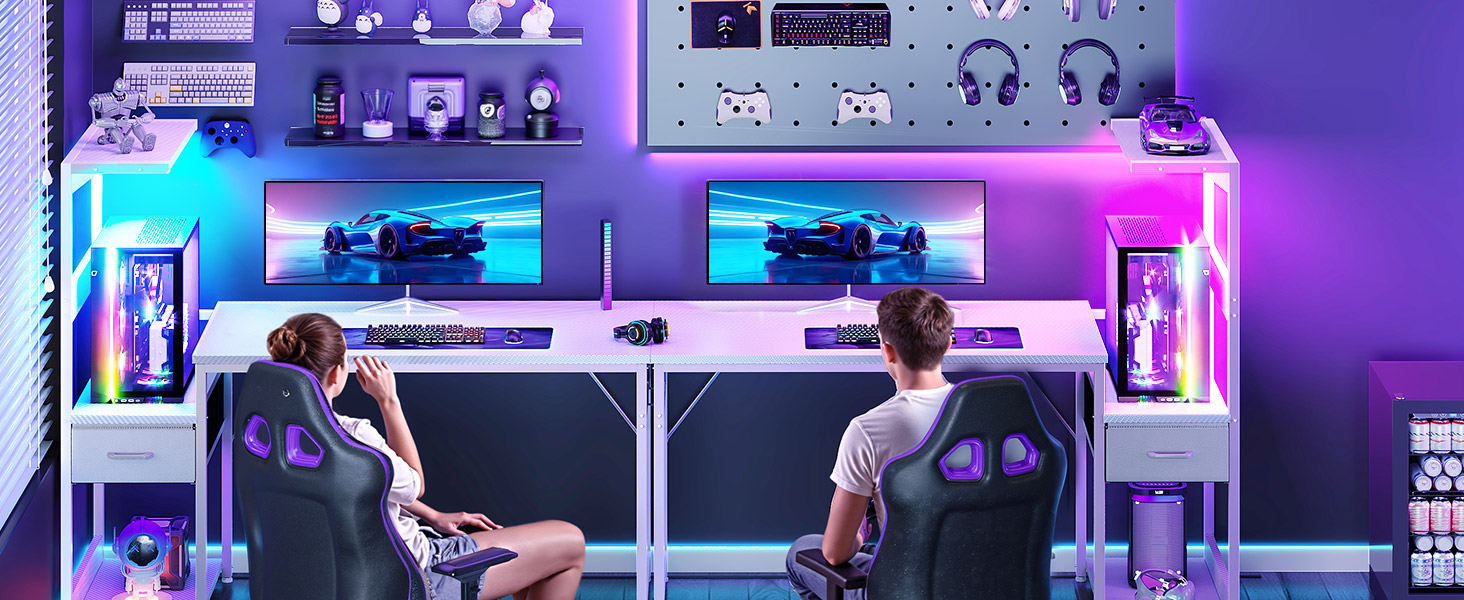 Ігровий стіл Coleshome з LED-підсвічуванням 120x48 см, з шухлядами та полицею, обертовий, з тримачем для навушників, карбонове волокно