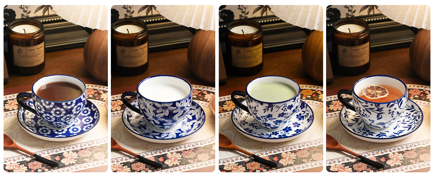 Набір кавових чашок Vancasso Selene, 6 шт., 360 мл, блакитно-білий вінтажний дизайн, для кави, молока, чаю та какао