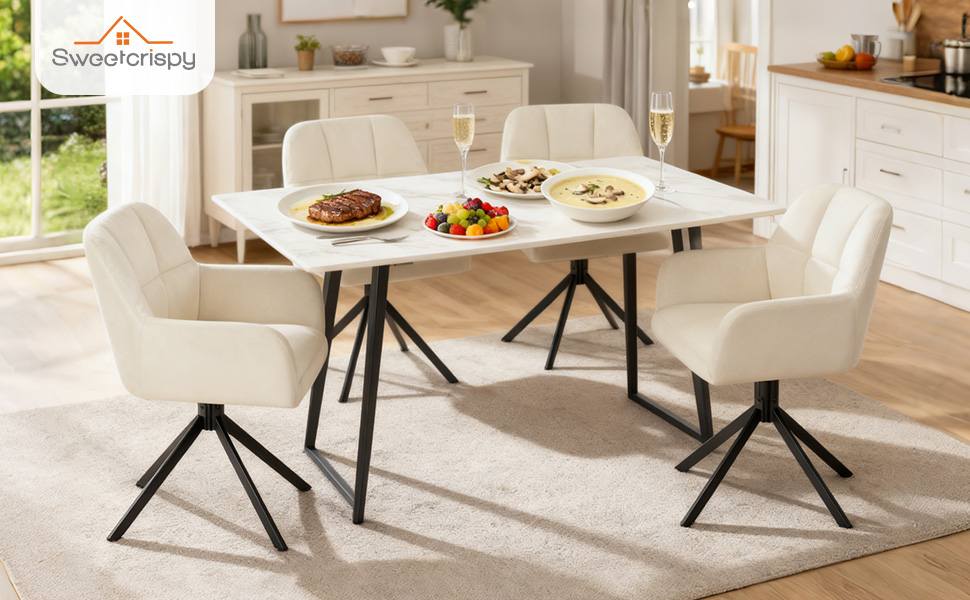 Набір з 4-х м'яких крісел Sweetcrispy для вітальні, кухні та робочого кабінету, з м'якою оббивкою з велюру, поворотні, з металевими ніжками, до 120 кг, зелені (бежеві)