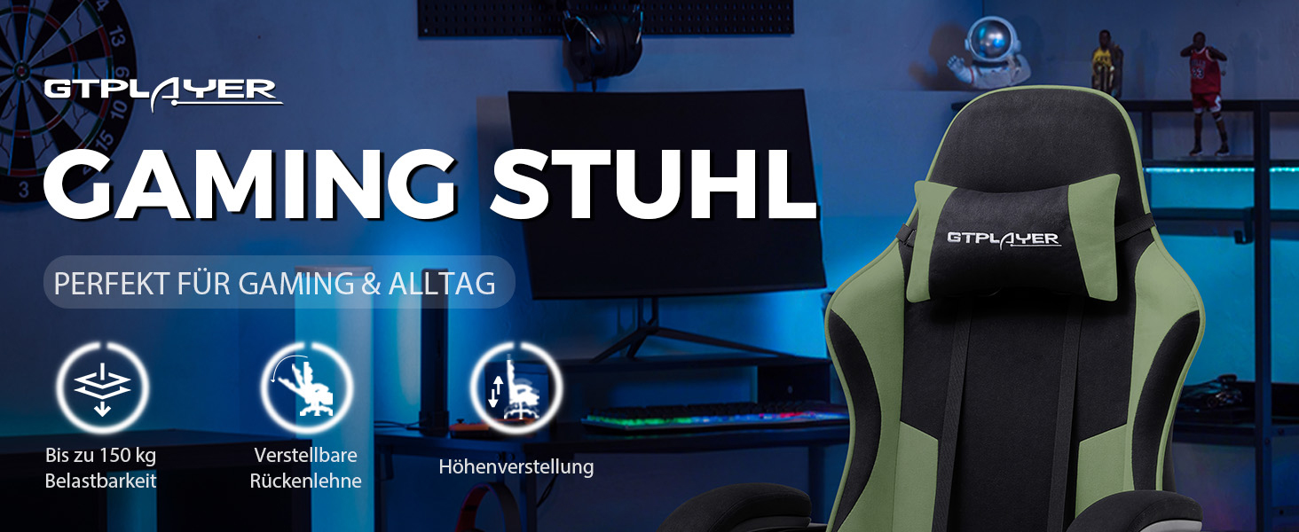 Ігровий крісло GTPLAYER з масажем, підніжка, підголовник, поперекова подушка, оббивка з тканини, білий/зелений