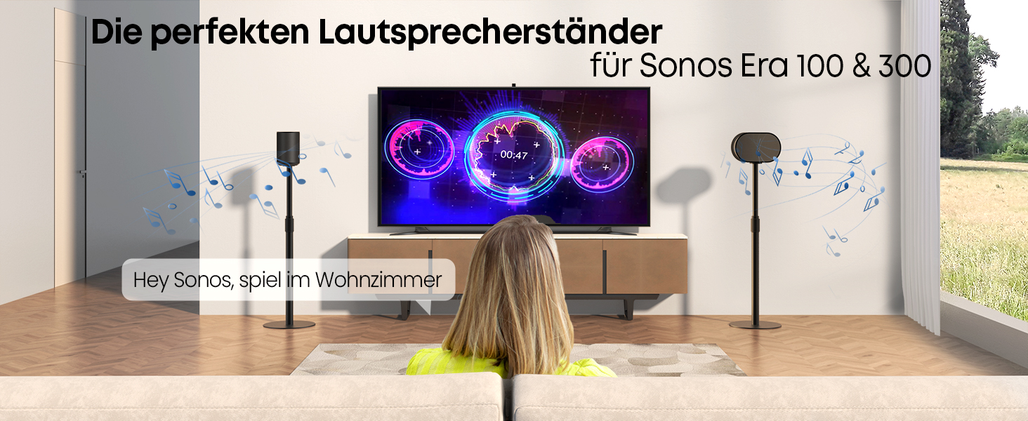 Підставка для колонок Sonos Era 100 та 300, регульована висота (68,2-106,8 см), з інтегрованим кабельним менеджментом, стабільна металева конструкція (5 кг вантажопідйомність), 1 пара (2 шт), чорний