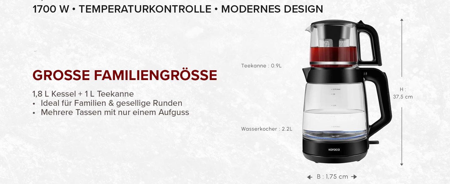 Чайник-заварник Karaca Glass XL 2 в 1 Shiny Black, 0.9л, 2.2л, LED, автоматичний, поворотний, енергоефективний