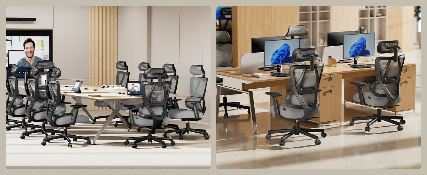 Офісний крісло ProtoArc EC100 сірого кольору з товстим пружинним сидінням, підтримкою попереку, регульованими підлокітниками та підголівником, сітчасте крісло для дому та офісу