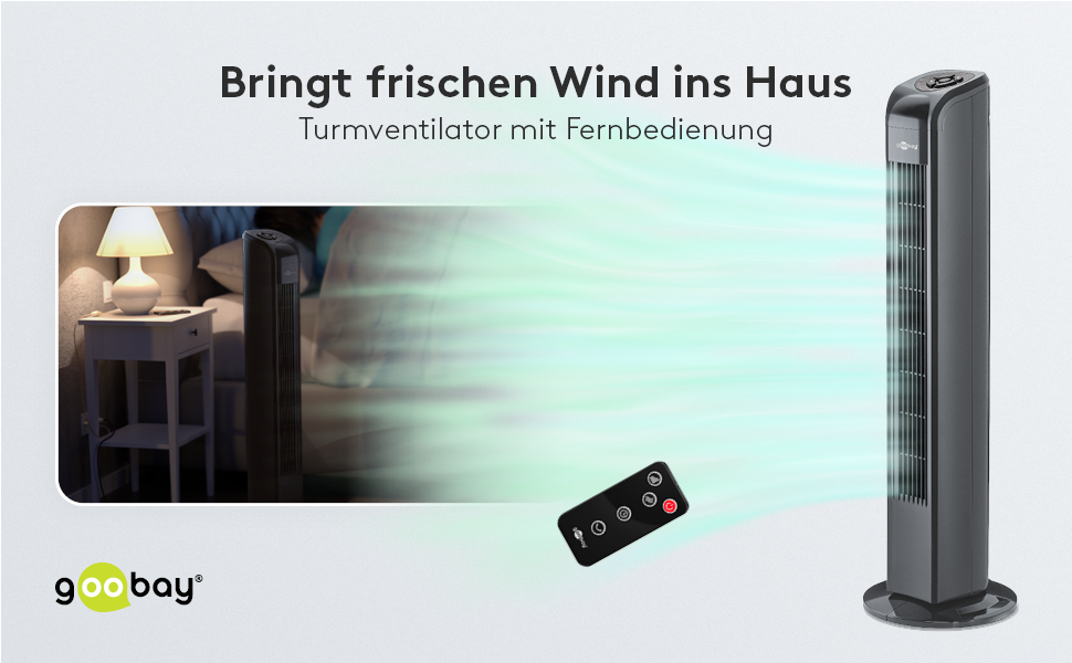 Вентилятор goobay 59517 з пультом дистанційного керування та таймером / 3-ступінчастий колонний вентилятор з коливальним п'єдесталом / вентилятор тихої спальні / баштовий вентилятор 50 Вт / антрацит