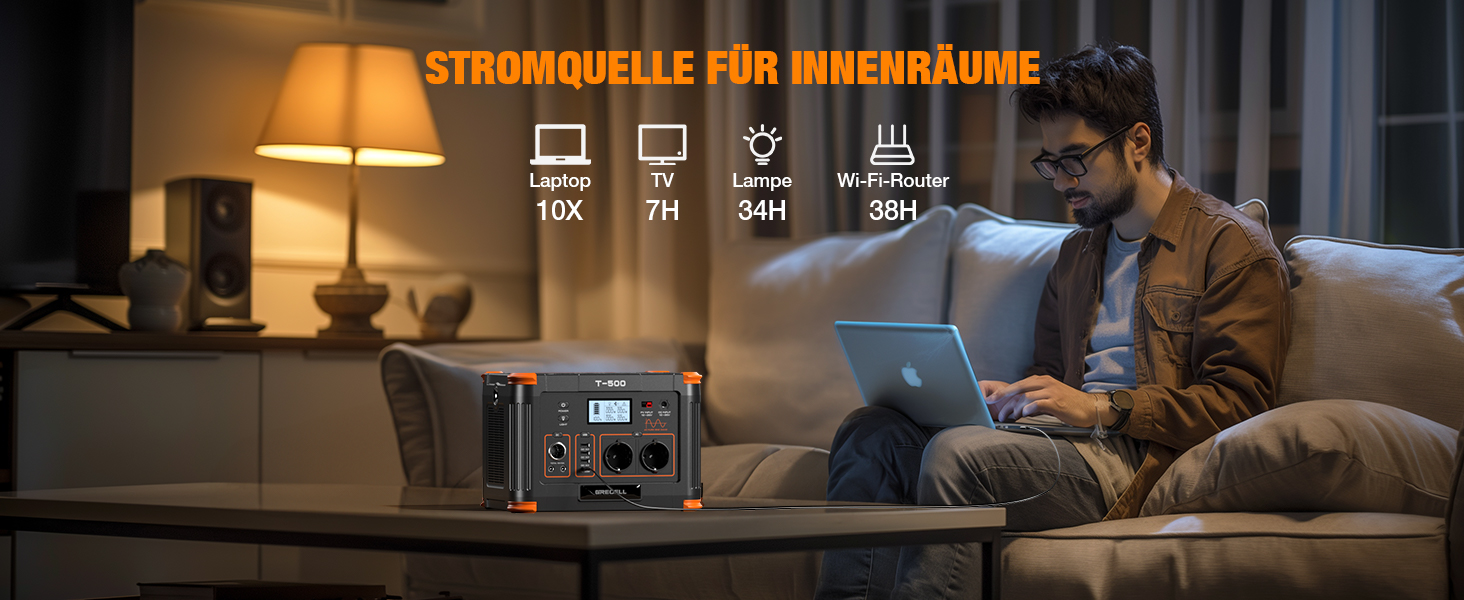 Портативна електростанція 500W (пікова 1000W), 519Wh сонячний генератор для кемпінгу, риболовлі, подорожей, резервне живлення, 2 розетки 230V AC, 10 портів