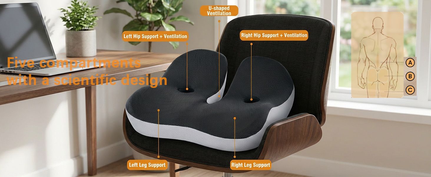 Ортопедична подушка для сидіння на стілець та в авто з Memory Foam - підтримка куприка, зняття болю при ішіасі, для дорослих (Чорний)