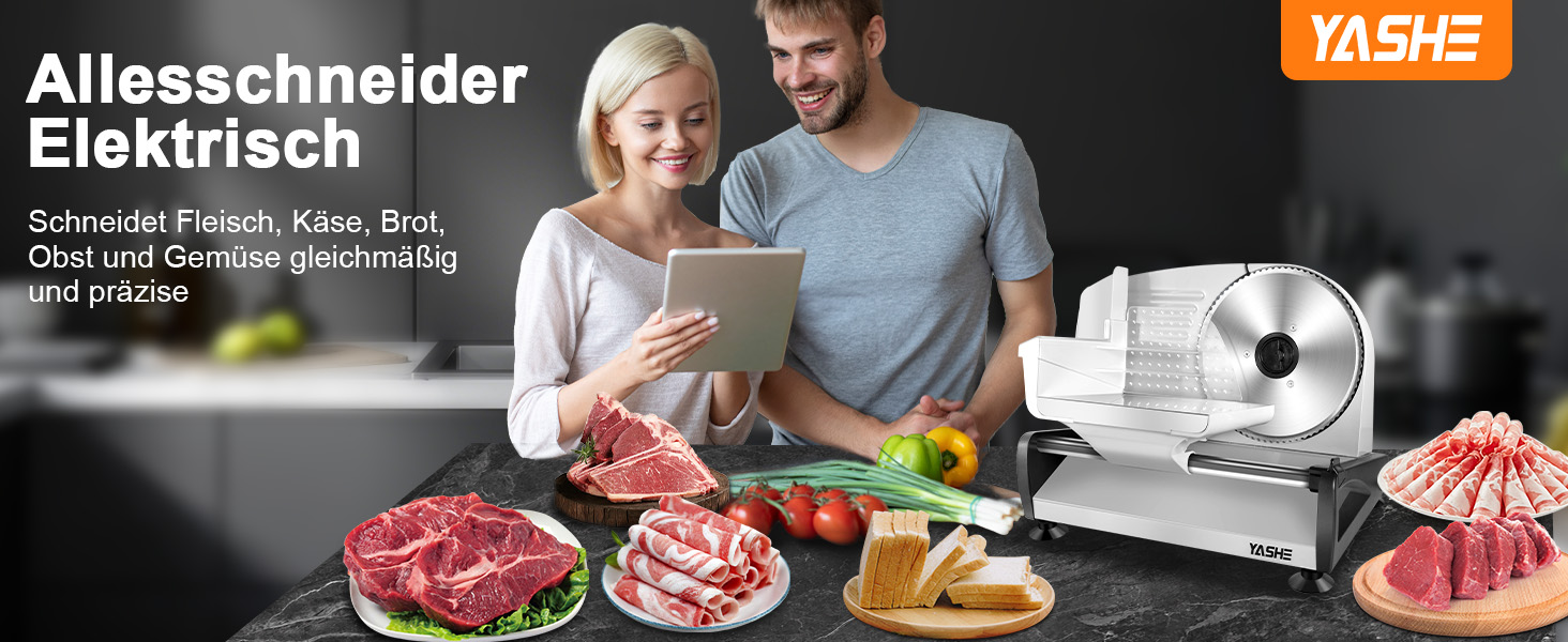 Електричний універсальний слайсер YASHE 250W для хліба та продуктів, з двома ножами (зубчастим та гладким) 19 см, регулювання товщини зрізу 0–15 мм, протиковзані ніжки