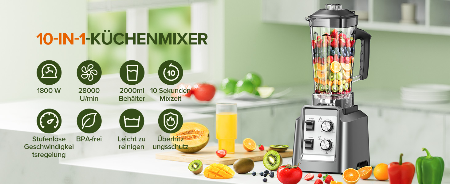 Блендер Teendow Standmixer 1800W зі скляною колбою 2л + кавомолка 600мл, срібний. Для смузі, льоду та заморожених фруктів, без BPA