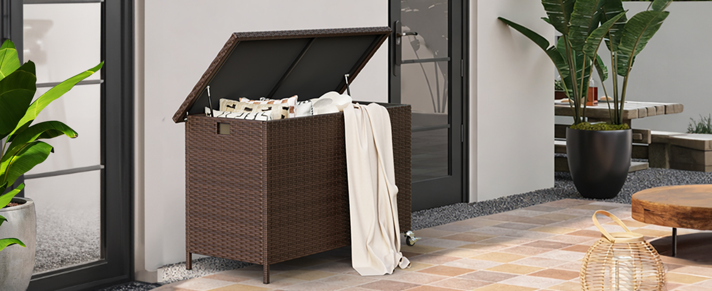 Водонепроникний садовий ящик Amopatio Gartenbox 480л з поліротангу, металевий з колесами та газліфтом для саду, балкону - коричневий