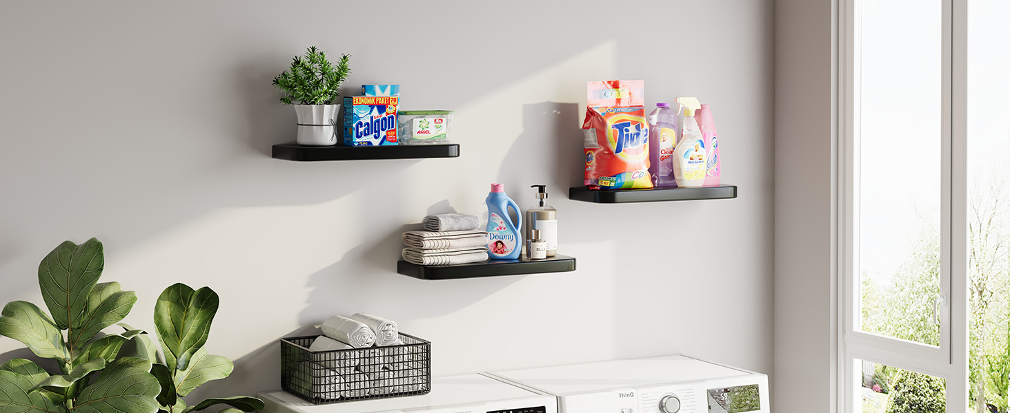 Набір з 3 настінних полиць Wandregal з дерева, чорного кольору - Плаваючі полиці з прихованим кріпленням для вітальні, спальні, кухні, для книг та декору