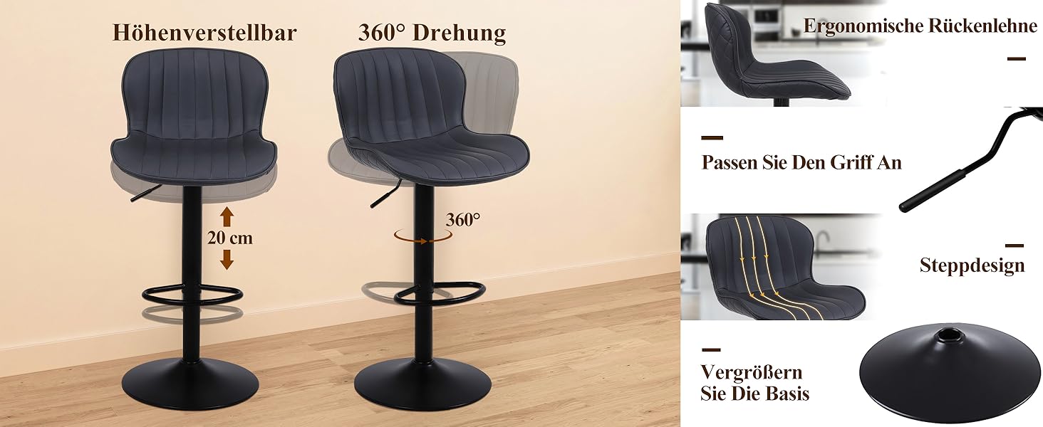 Набір барних стільців Nusetx 4 шт., регульована висота, з підлокітниками та підставкою для ніг, обертаються, для кухні, їдальні та бару (Чорний)