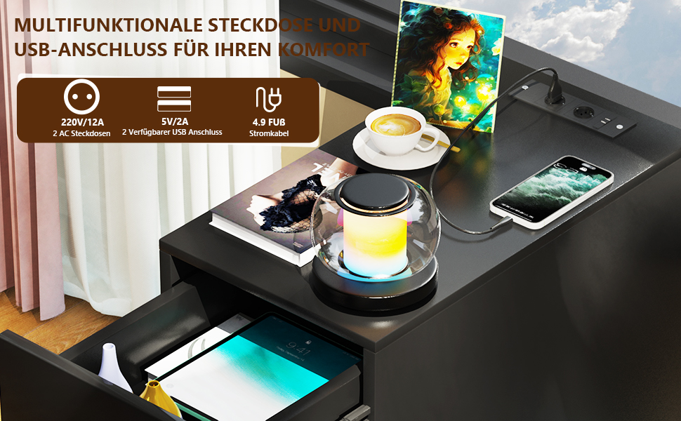 Вузька тумба приліжкова Lvhecforhm з LED-підсвіткою, чорна, з розеткою та USB, 16 режимів підсвітки, глянцева, 50x30x63 см