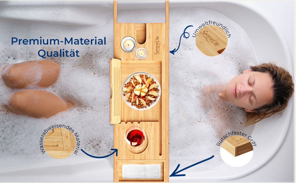 Підставка для ванни SereneLife з дерева - Розширювана підставка для ванни 70-105 см з тримачем для напоїв та книжковою підставкою, вологостійка, аксесуар для ванни, Wellness