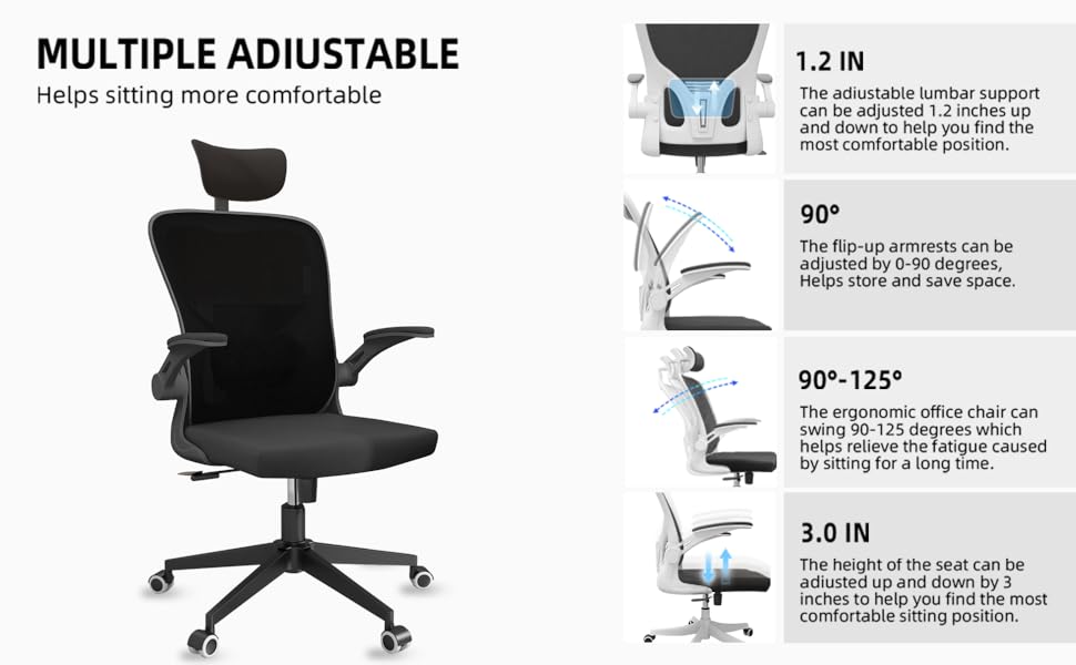 Офісний крісло Monhey з регулюванням висоти, поворотне, з відкидними підлокітниками, дихаюча сітка, регульована підголовник та інтелектуальна підтримка попереку – для дому та офісу (чорний)