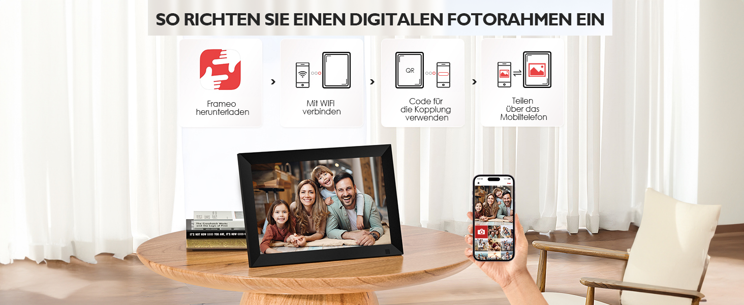 Цифровий фоторамка 10.1 дюйма з Wi-Fi, 64GB пам'яті, IPS LCD сенсорний екран 1280x800, автоповорот, аудіо, швидке завантаження фото та відео, чорний