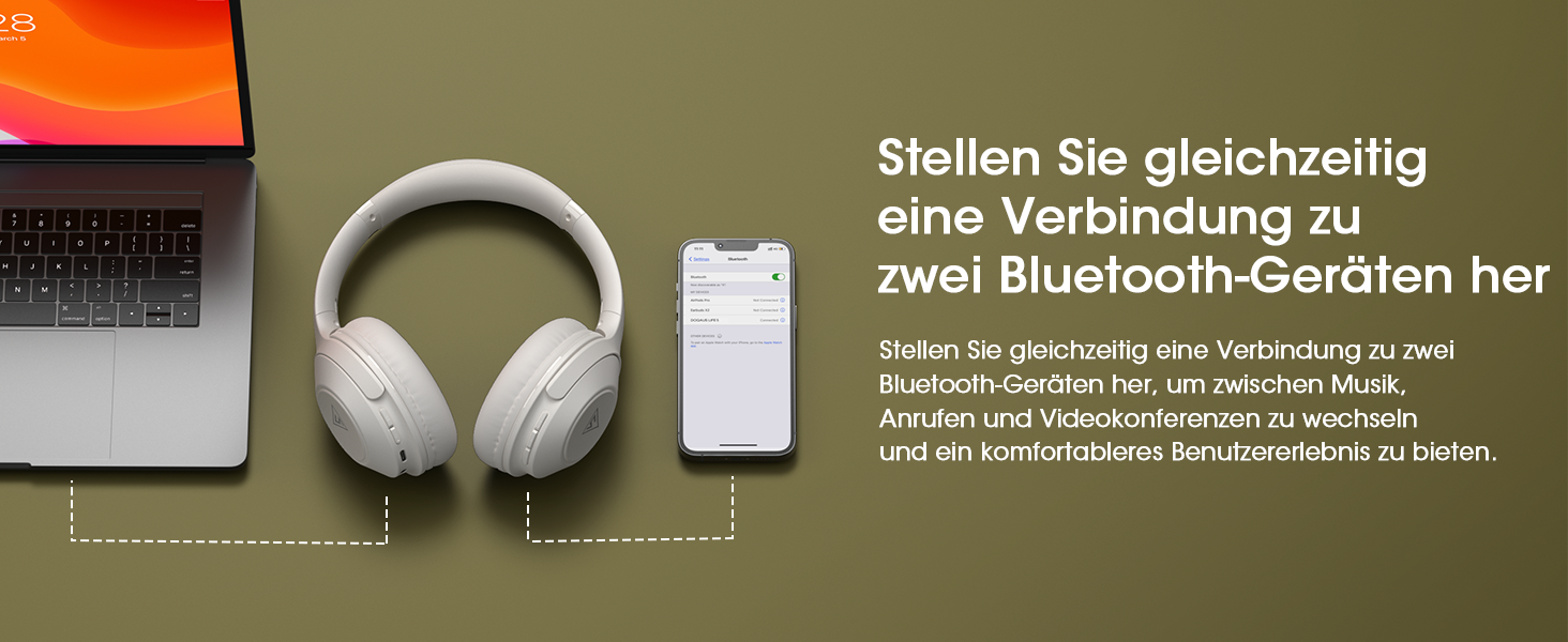 Накладні навушники DOQAUS Bluetooth, 70 годин відтворення, 3 режими еквалайзера, HiFi, Складні, BT 5.3, Світло-сірий