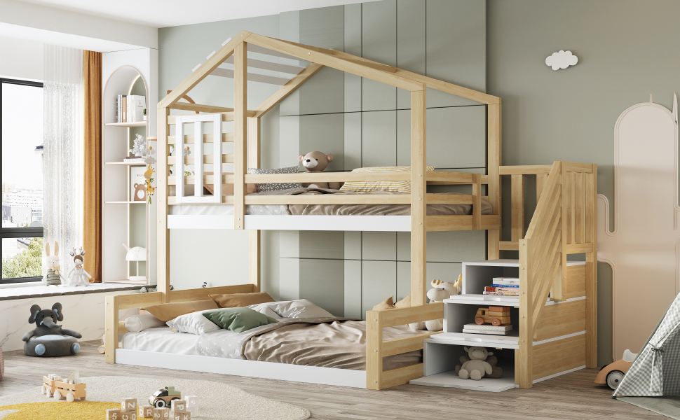 Двоярусне ліжко 90x200 та 140x200 см, дитяче ліжко-горище з місцем для зберігання, сходами та дахом, ліжко-будиночок з вікном, з ламелями та захистом від падіння, без матраца, натуральне дерево