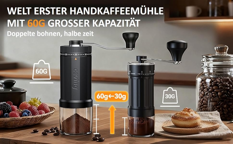 Ручна кавомолка Erste MEGA PRO 60г для еспресо, пуроверу, подорожей та кемпінгу. Регульований помел (40 позицій), нержавіюча сталь.