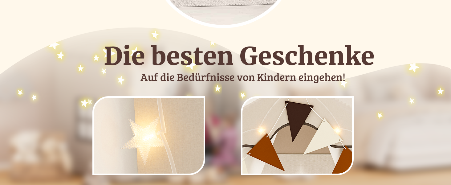 Дитяче намет-будиночок EROMMY 2-в-1 з килимком, прапорцями та світлодіодними смугами, двостулковими дверима, даховим вікном, для дому, вік 3+, коричневий