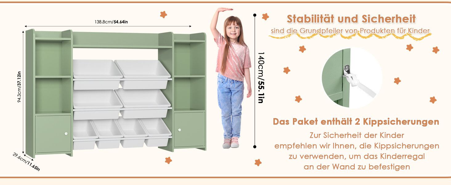 FOREHILL Регульована полиця для іграшок з 8 ящиками, дитячий шафка, книжкова полиця для дітей, меблі для дитячої кімнати з ящиком для іграшок, 138,8 x 94,3 x 29,6 см, білий (зелений)