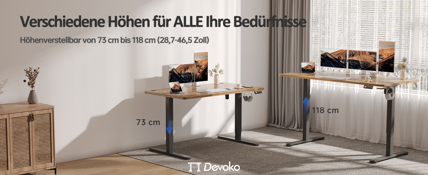 Електричний регульований стіл Devoko 120x60 см, стабільний офісний стіл, стіл для стоячи/сидячи, комп'ютерний стіл з функцією пам'яті, (Коричневий)