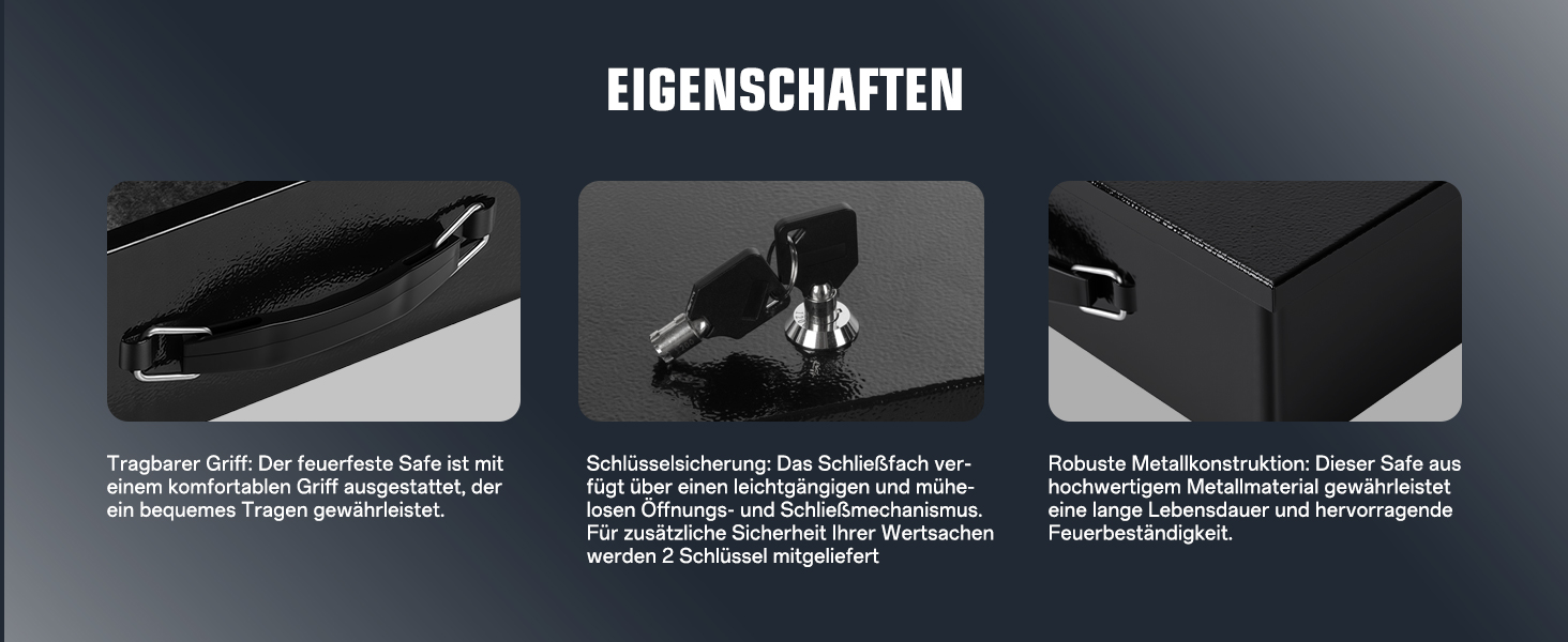 Вогнестійкий сейф для документів з ключовим замком, 33.5x28x10.5 см, чорний