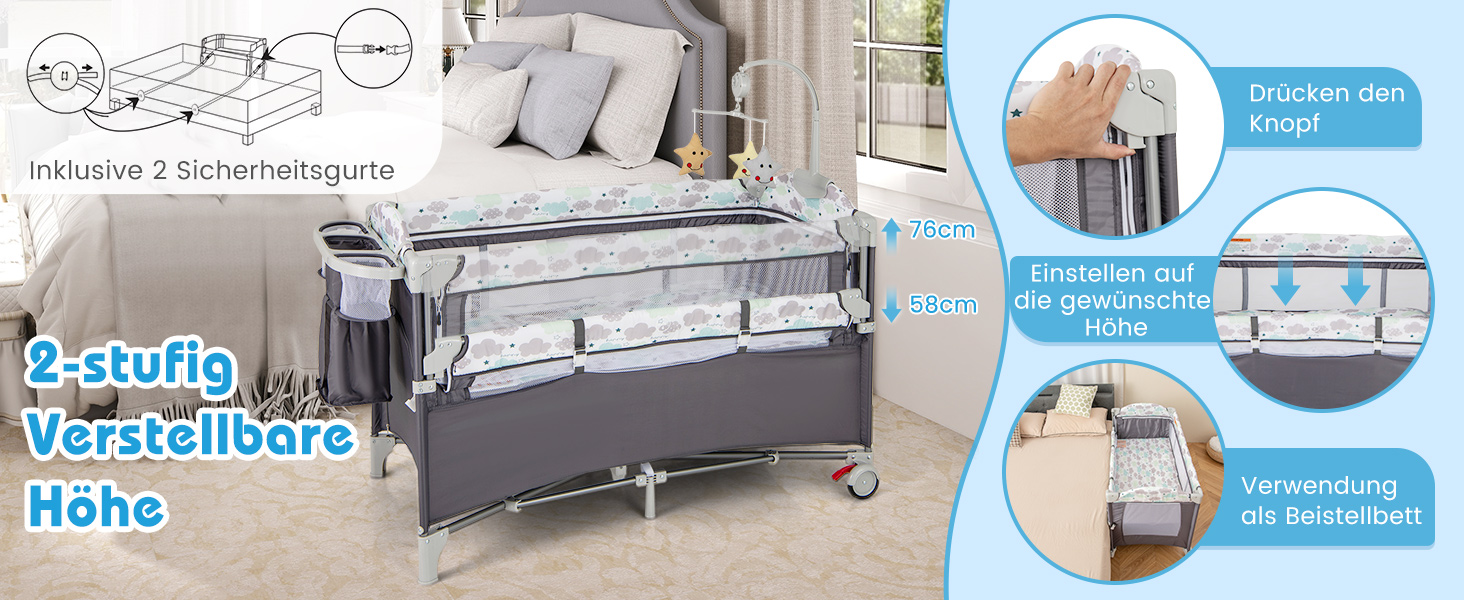 Дитяче ліжко-манежа Dreamade 120 x 60 см з колесами, 4 в 1: ліжко, манежа, пеленальний столик, туристичне ліжко для новонароджених (Сірий)