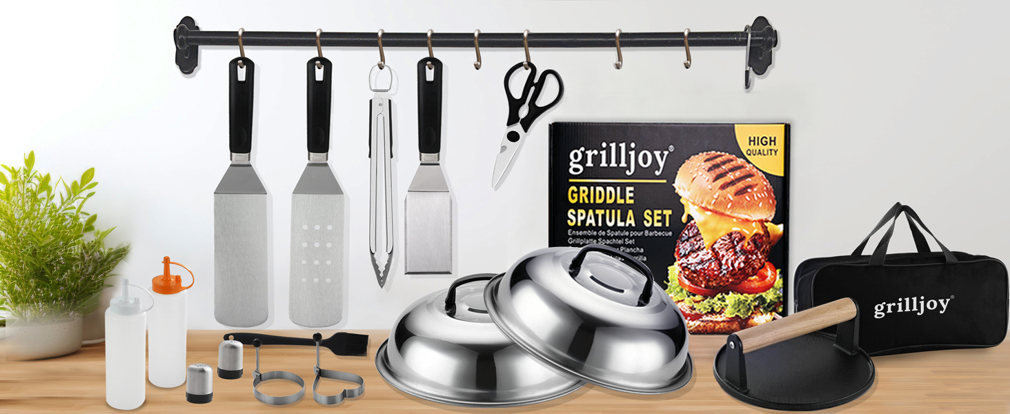 Набір аксесуарів для гриля та планки Grilljoy з нержавіючої сталі, 28 предметів, для бургерів та барбекю, чорний