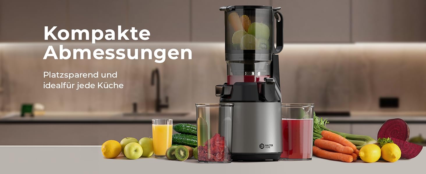 Шовковий відцентровий соковичавник Balter ES-01P: велика завантажувальна горловина 135 мм, 300 Вт, для овочів та фруктів, BPA Free, тихий
