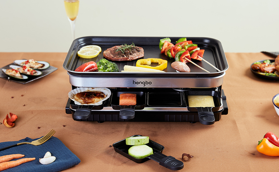 Ракле Грати для 8 осіб з антипригарним покриттям, 1500W, з міні-сковорідками та дерев'яними шпателями