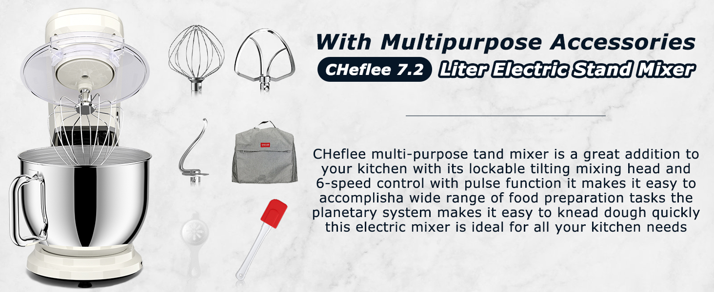 Кухонна машина Cheflee 2000W: потужна планетарна міксер для тіста та збивання, 6 швидкостей, 7.2 л чаша з нержавіючої сталі, гак для тіста та вінчик, захист від бризок (Cream White)