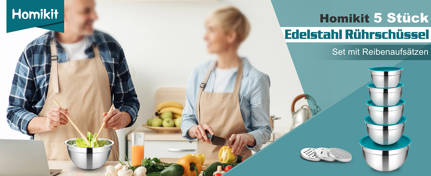 Набір мисок Homikit, 5 шт. з нержавіючої сталі, з кришкою та силіконовим дном, мультифункціональний, для салатів, 6.6L / 3.5L / 2.5L / 1.5L / 1L (блакитний, з 3 тертками)