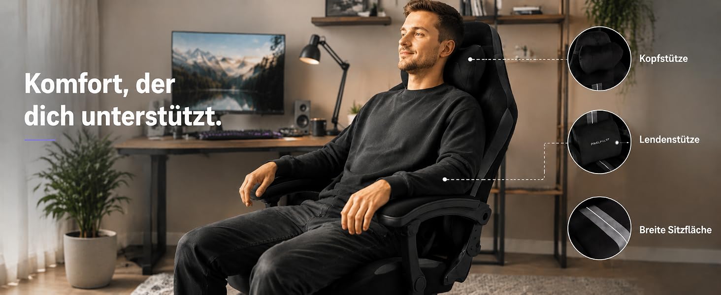 Ігрове крісло PixelPilot Ergonomic з підставкою для ніг, дихаюча тканина, підголівником та поперековою підтримкою, посилене до 150 кг, чорне