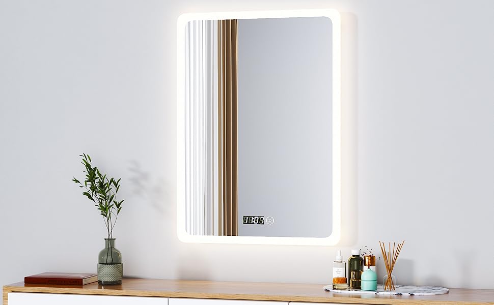 Дзеркало для ванної кімнати з підсвічуванням та годинником Boromal 50x70 см, диммер, 3 кольори світла, 2470 лм