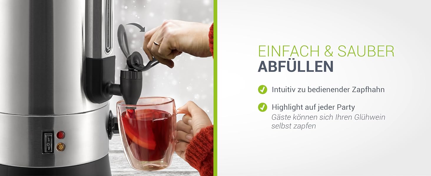 Електричний диспенсер для глінтвейну Juskys Teramo 1500W з краном, термостатом та захистом від перегріву, 30-110°C, нержавіюча сталь, 10 літрів