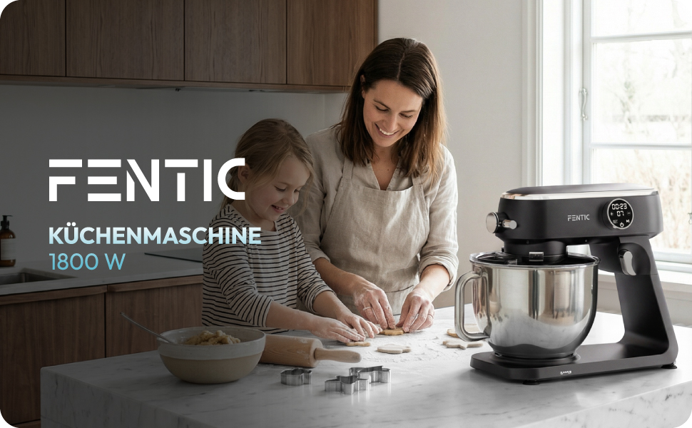 Планетарний міксер Küchenmaschine 1800W з чашею з нержавіючої сталі 7л, тістоміс для хліба та піци, 10 швидкостей з таймером, набір насадок та захистом від бризок (Чорний)