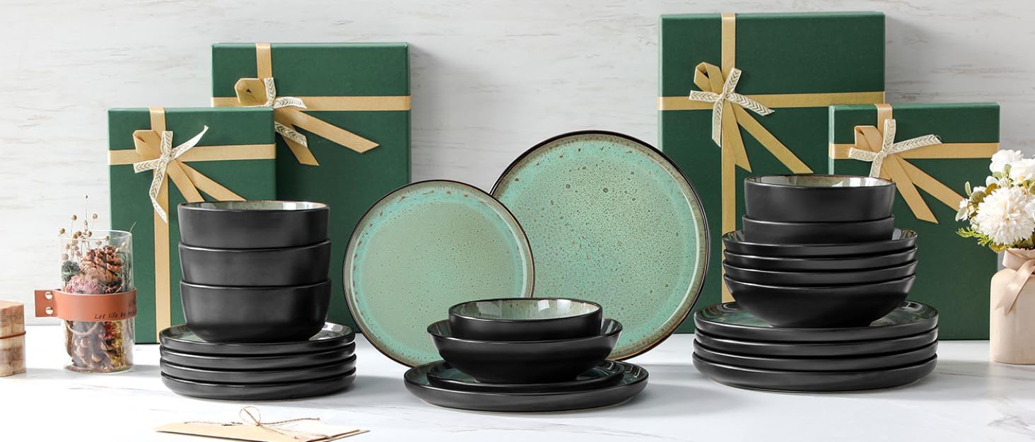 Набір посуду на 6 осіб vancasso AMBER, 18 предметів, ручної роботи, з реактивною глазур'ю, смарагдово-зелений, для щоденного використання