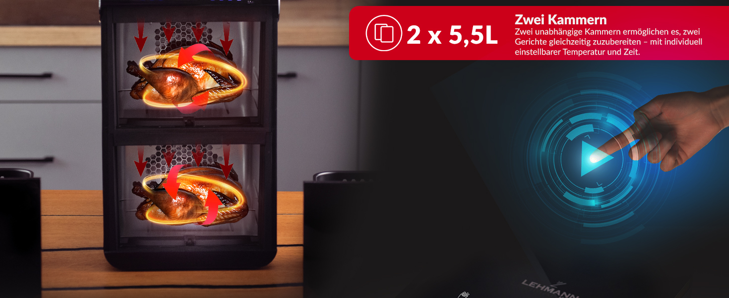 Фритюрниця повітряна LEHMANN XXL з 2 камерами, 11л, 13 програм, дисплей, антипригарне покриття, для великої сім'ї