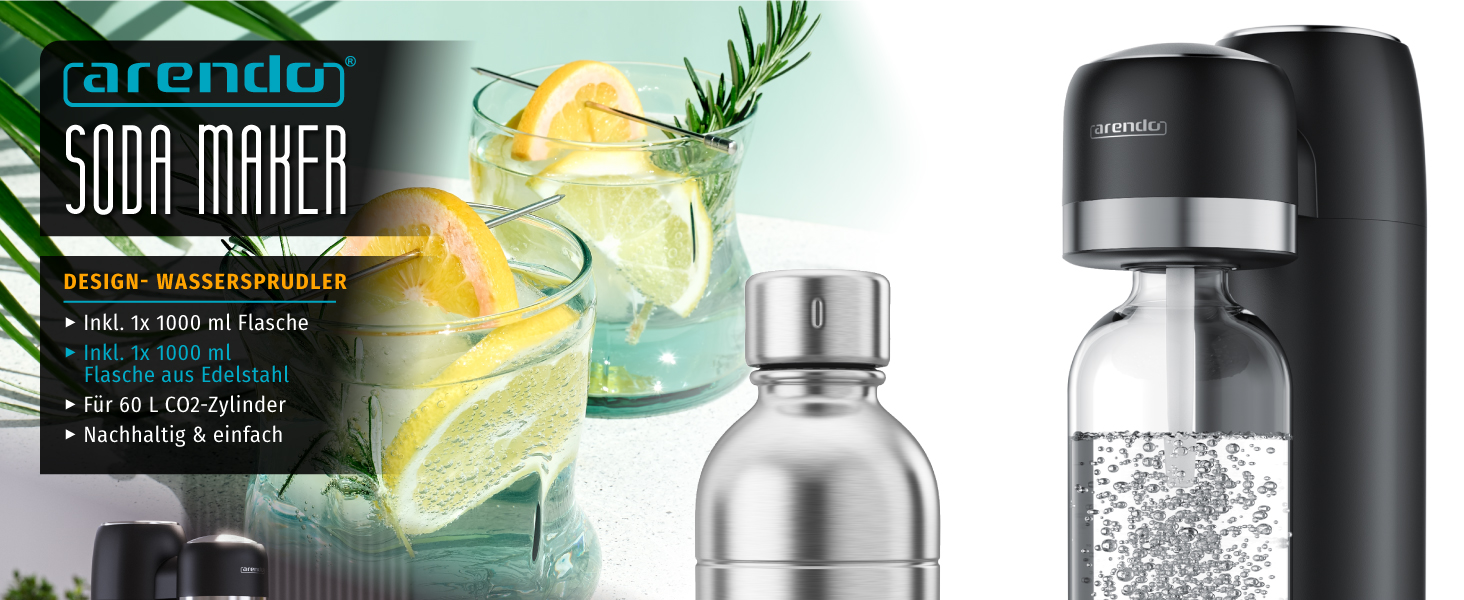 Сифон для газування води Arendo Soda Maker: набір з пляшкою 1000 мл (BPA-free) та сталевою пляшкою 1000 мл, сумісність з 60 л CO2 циліндрами, чорний