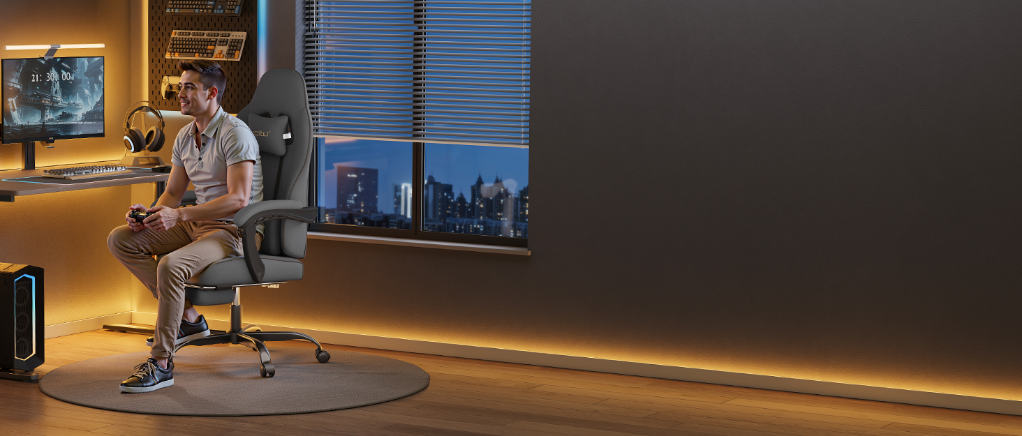 Ігровий крісло WOLTU, офісне крісло ергономічне, з інтегрованим м'яким наповнювачем, адаптивною підтримкою попереку, підніжкою, підлокітниками, оксамитовим покриттям, металевим каркасом, чорний + сірий, GS05szg Чорний+сірий Оксамит