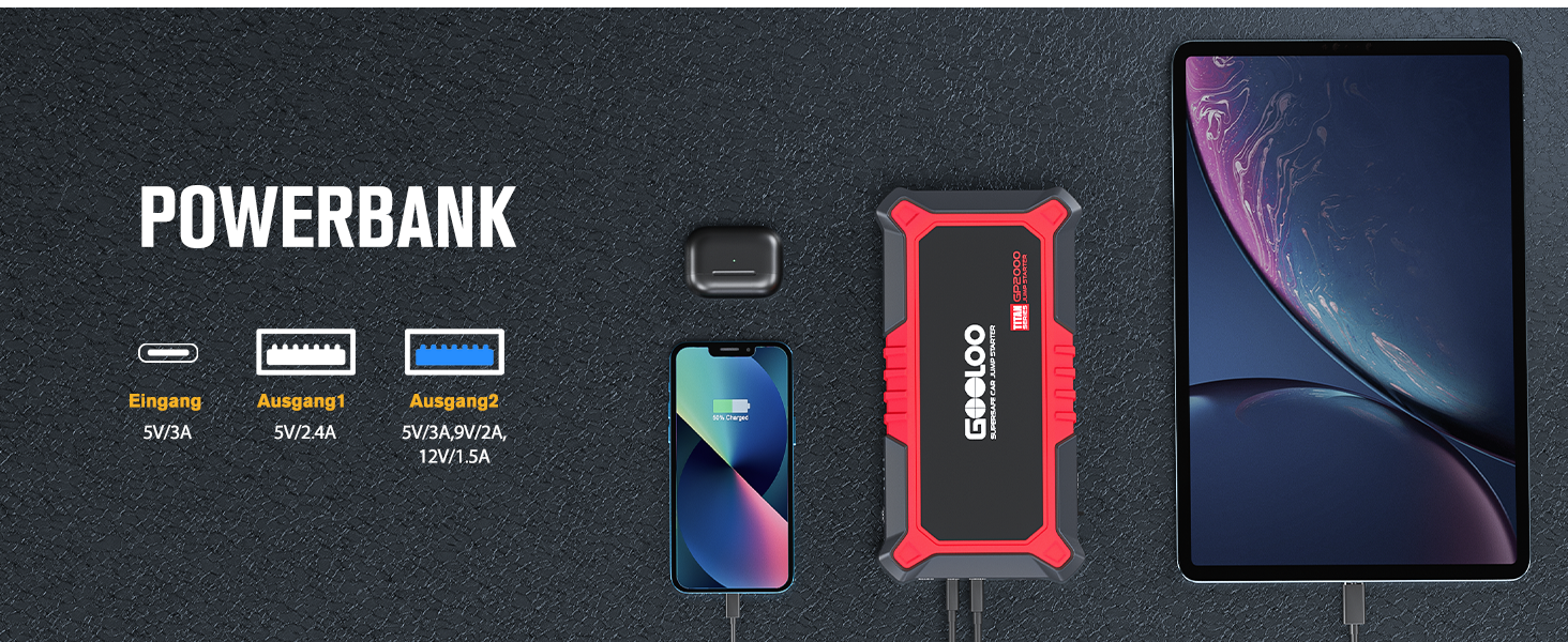 Powerbank Starthilfe GOOLOO GP2000 для автомобіля: 2000A, 12V, до 8.0L бензин/6.0L дизель, USB-швидка зарядка, LED, стартові кабелі