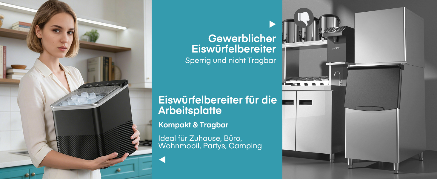 Льодогенератор Fohere портативний самоочисний, 14 кг/24 год, 2 розміри льоду, компактний, чорний - для дому, бару, офісу, кемпінгу