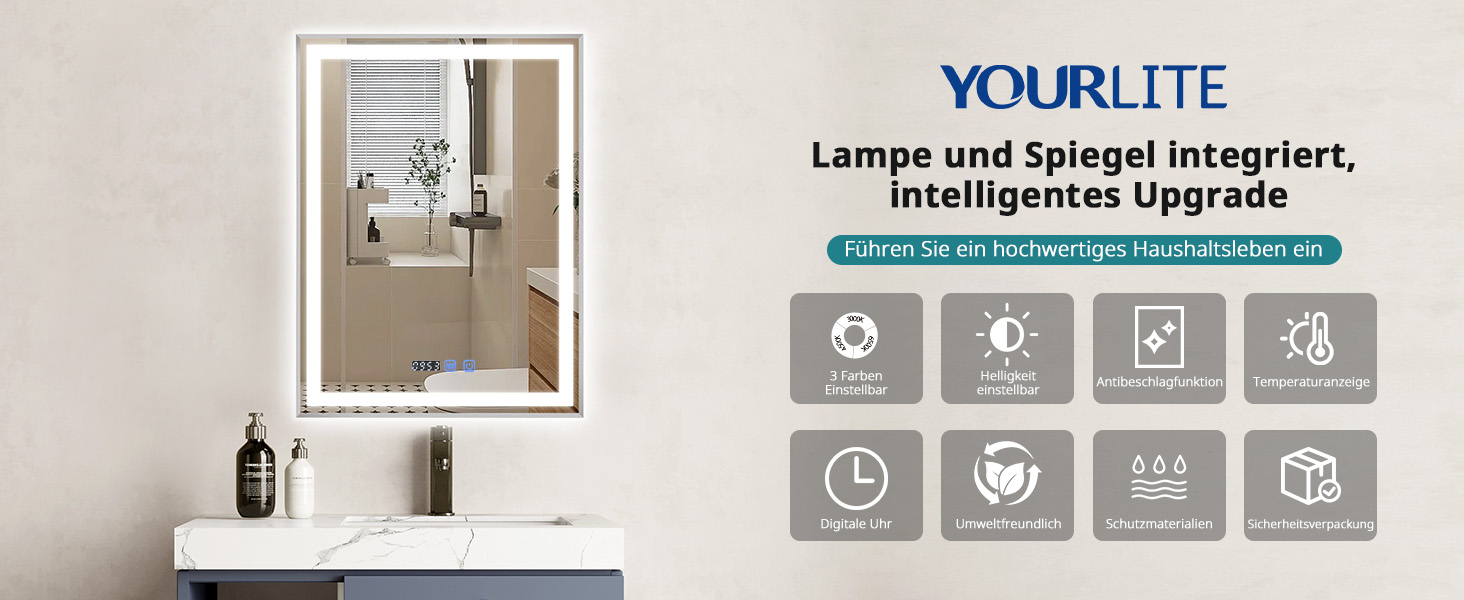 Дзеркало для ванної кімнати YOURLITE з підсвічуванням, 85x55 см, LED, сенсорне керування, 3 кольори світла, регулювання яскравості, антизапар, горизонтальне/вертикальне, IP44, білий (срібний, 80x60 см)