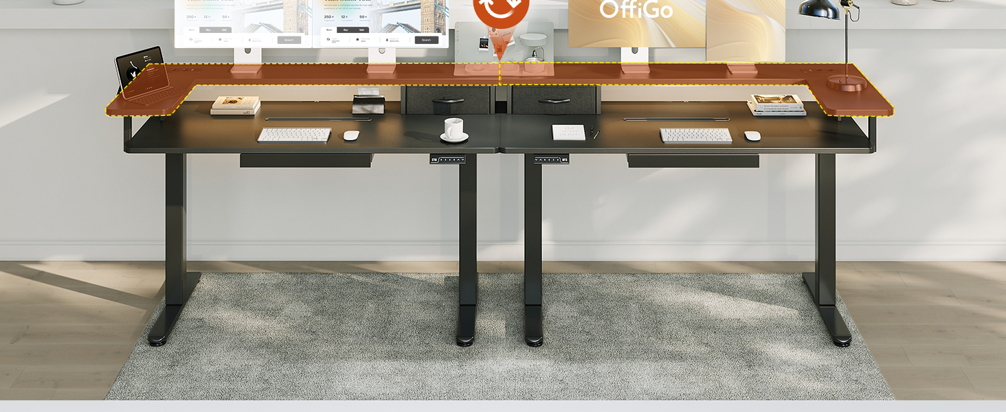 Регульований стіл OffiGo 140x60 см з L-подкоркой, USB-роз'ємом та висувною шухлядою. Чорний колір.