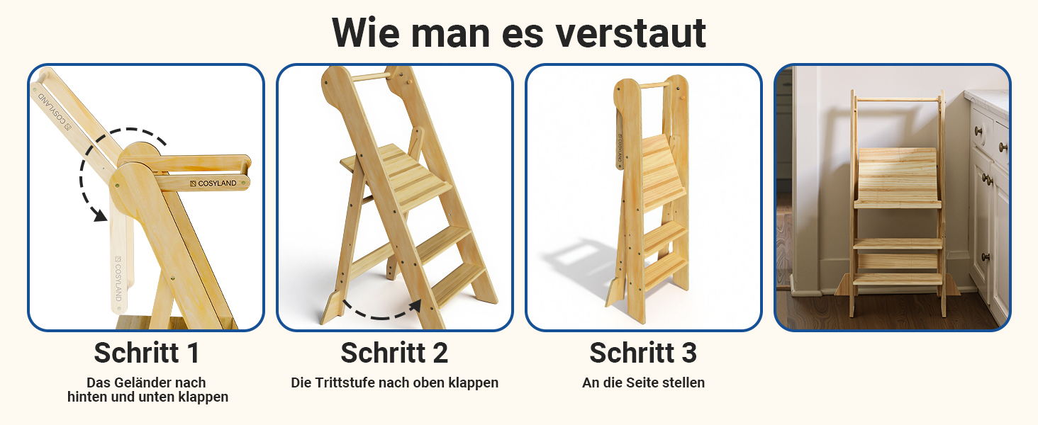 COSYAND Монтессорі стільчик-сходинка для дітей від 1 року, регульована висота | Сходинка Монтессорі | Кухольчик для дітей | Колір: Темно-сірий-натуральний