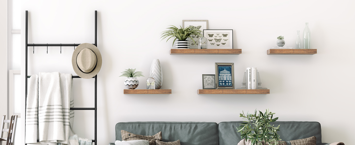 Полиця настінна HOOBRO 2 шт., плаваюча, 60x20x3.8 см, коричнева вінтаж, з прихованими кронштейнами для ванної, спальні, кухні, офісу, вітальні