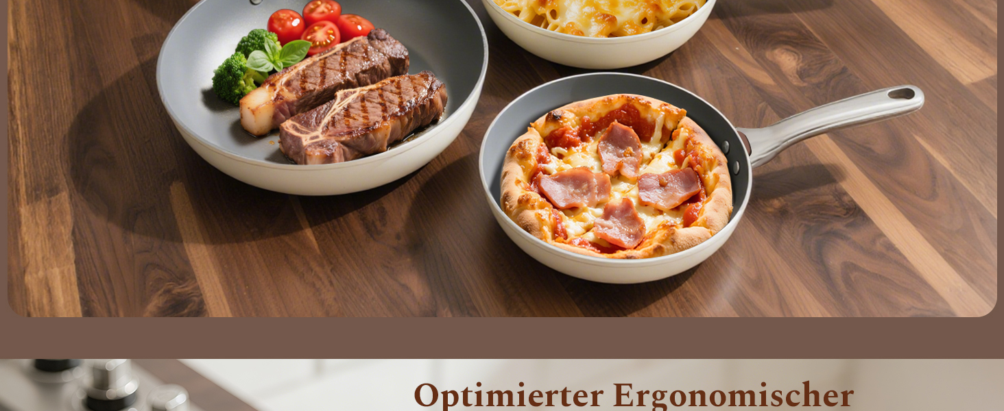 Набір сковорідок Koch Kode: керамічні сковороди 20, 24, 28 см з нержавіючою ручкою, індукційне дно, без PTFE та PFOA, придатні для миття в посудомийній машині та випікання, бежевий колір