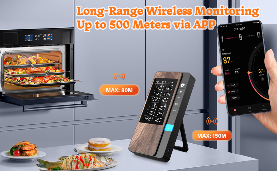 Бездротовий набір термометрів для м'яса (4 шт.) з Bluetooth, водонепроникні (IP67), для приготування на грилі, в духовці, мангалі, ротатерії, фритюрниці