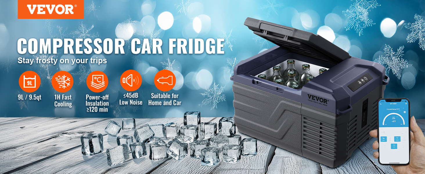 Автохолодильник VEVOR 12V/24V/220V 9л компресорний: для кемпінгу, авто, подорожей (-20°C ~ +20°C)